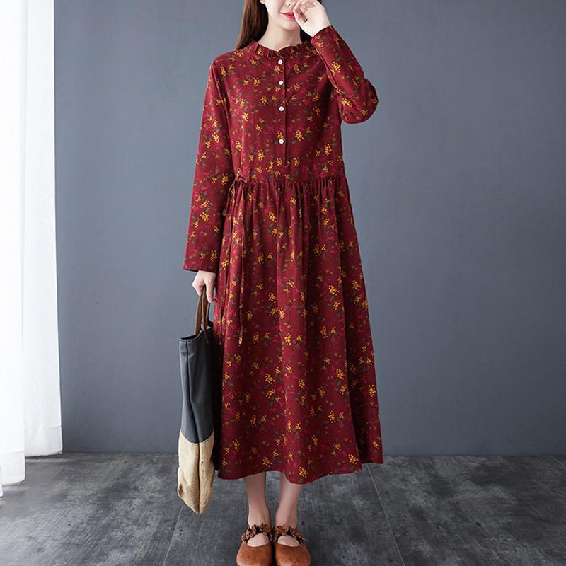 Women Cotton Linen Long Dress New Arrival 2021 Autumn Vintage Style Stand Collar Floral Print Ladies A-line Casual Dresses B1153 alx