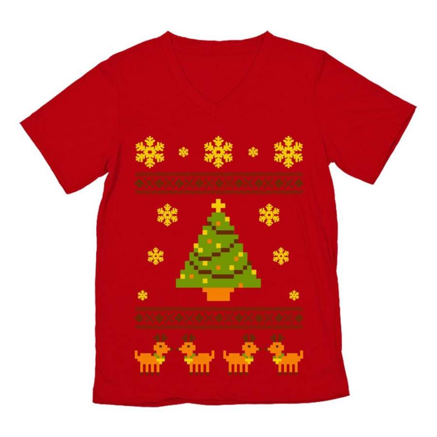 Ugly Christmas Sweater Reindeer & Xmas Tree V-Neck T-Shirt