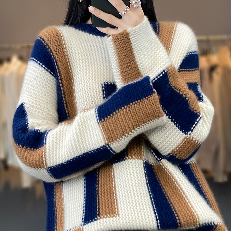 Cashmere Pullover Autumn/Winter 100% Pure Wool Sweater Casual Plaid Knitwear Pull Turtleneck Ladies Tops Thickened Loose Blouse alx