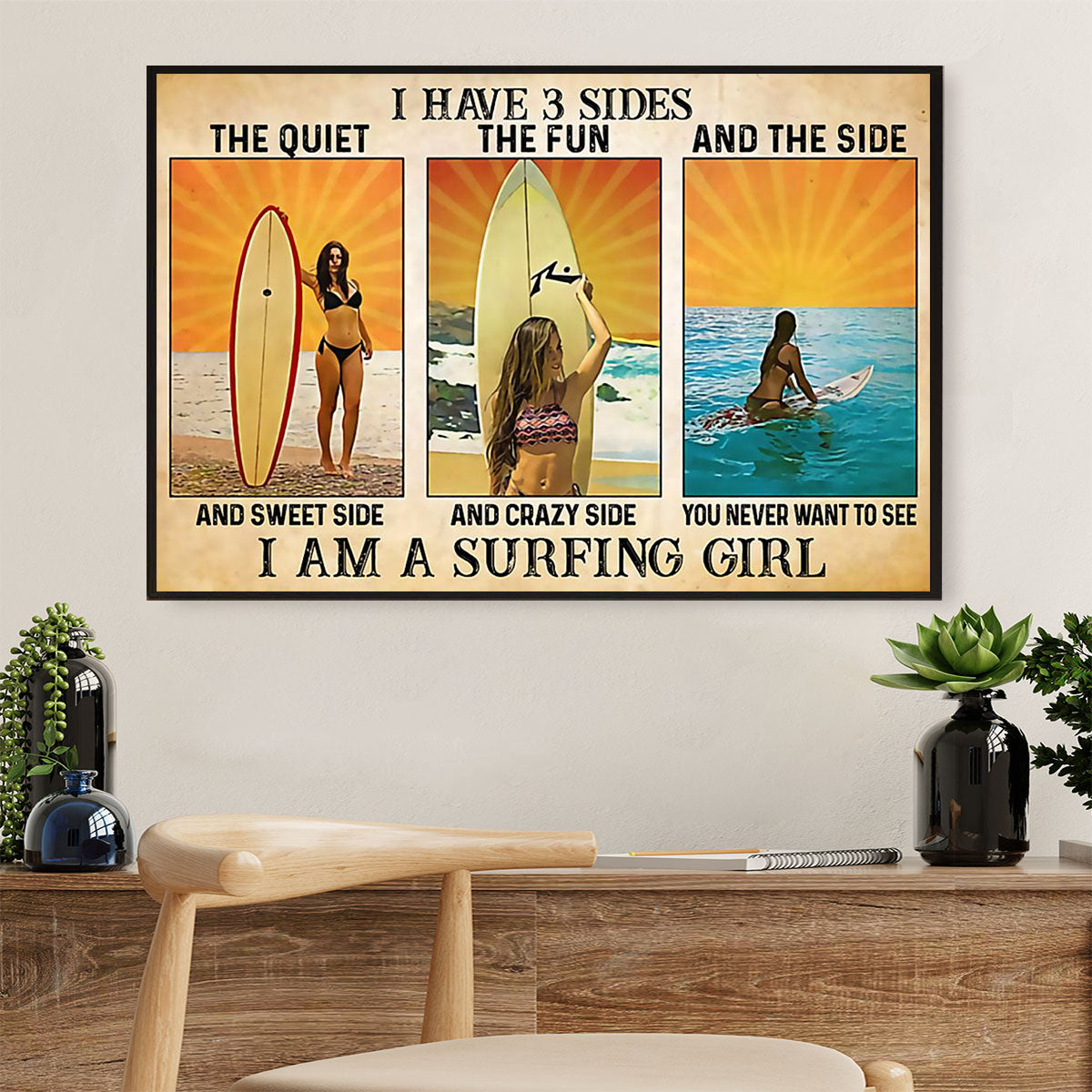 Water Surfing Canvas Wall Art Prints | Surfing Girl | Home Décor Gift For Beach Surfer