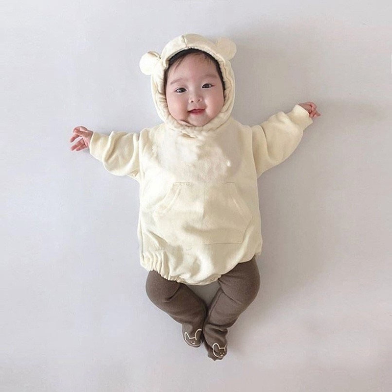 Spring Autumn Baby Cute Bear Romper Hooded Sweater Bag Baby Set Infant Baby Boys Girls Romper Playsuit alx