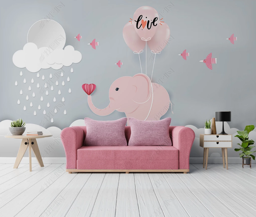 3D Cartoon Raining Pink Balloon Bird Elephant Animal Background Wall Mural Wallpaper Lxl