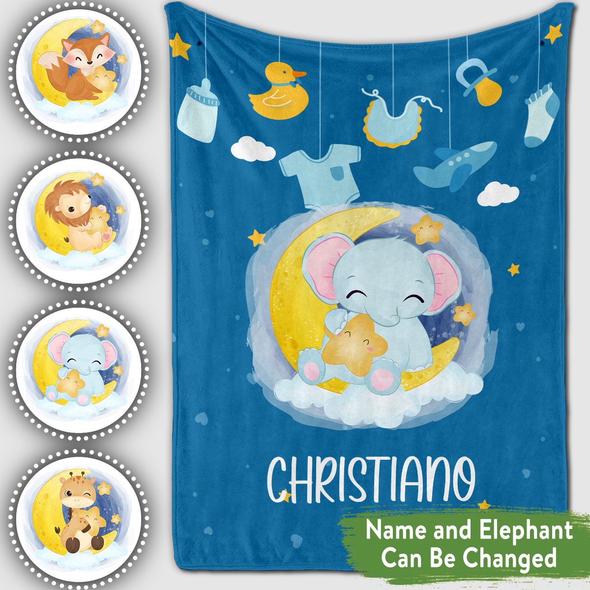 Personalized Baby Blankets With Name, Elephant, Giraffe Baby Blanket Blue Navy Color For Boy And Girl Baby