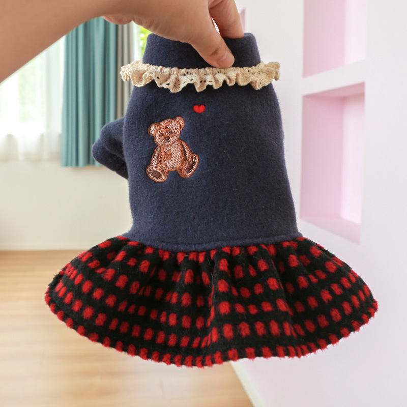 Small Dog Dress Autumn Winter Wool Plaid Skirt Bear Love Suit Cute Puppy Coat Cat Warm Sweater Chihuahua Yorkshire Bulldog alx