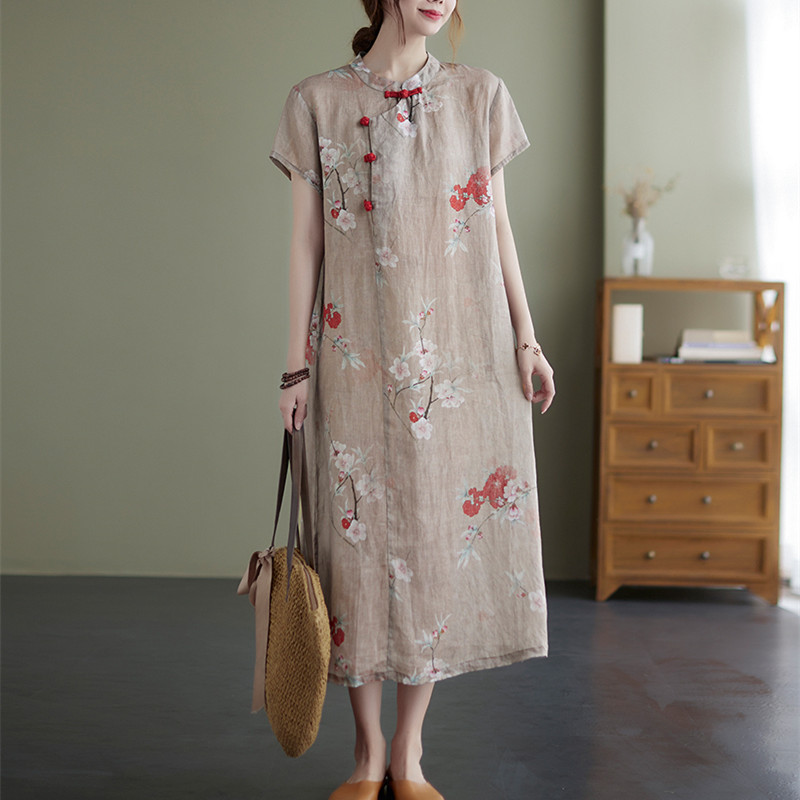 2022 New Arrival Fashion Chinese Style Dress cheongsam Robes Thin Soft Cotton Linen Print Floral Vintage Women Casual Midi Dress alx