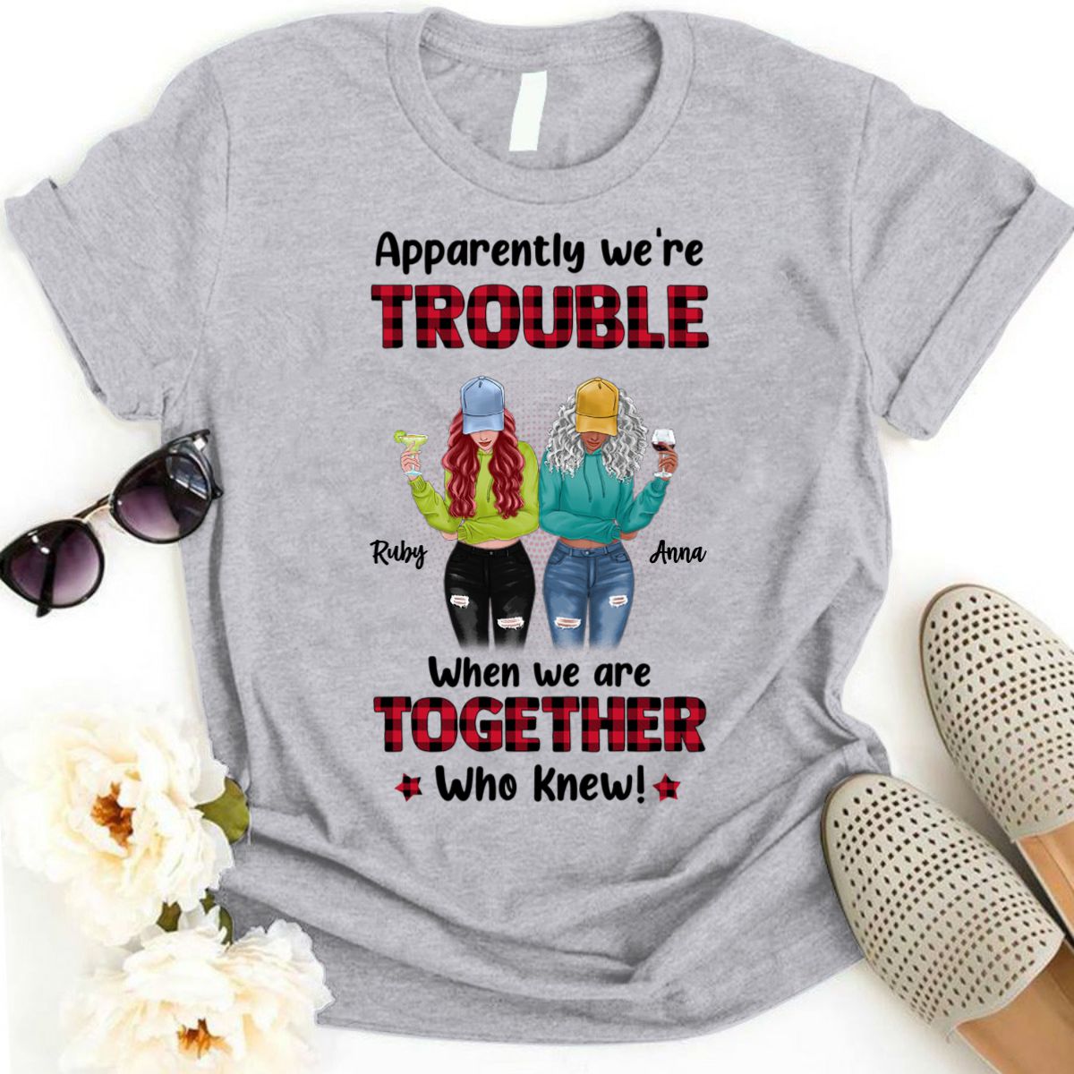 We’Re Trouble Besties Front View Red Plaid Personalized Shirt – Crx3 Fram167A