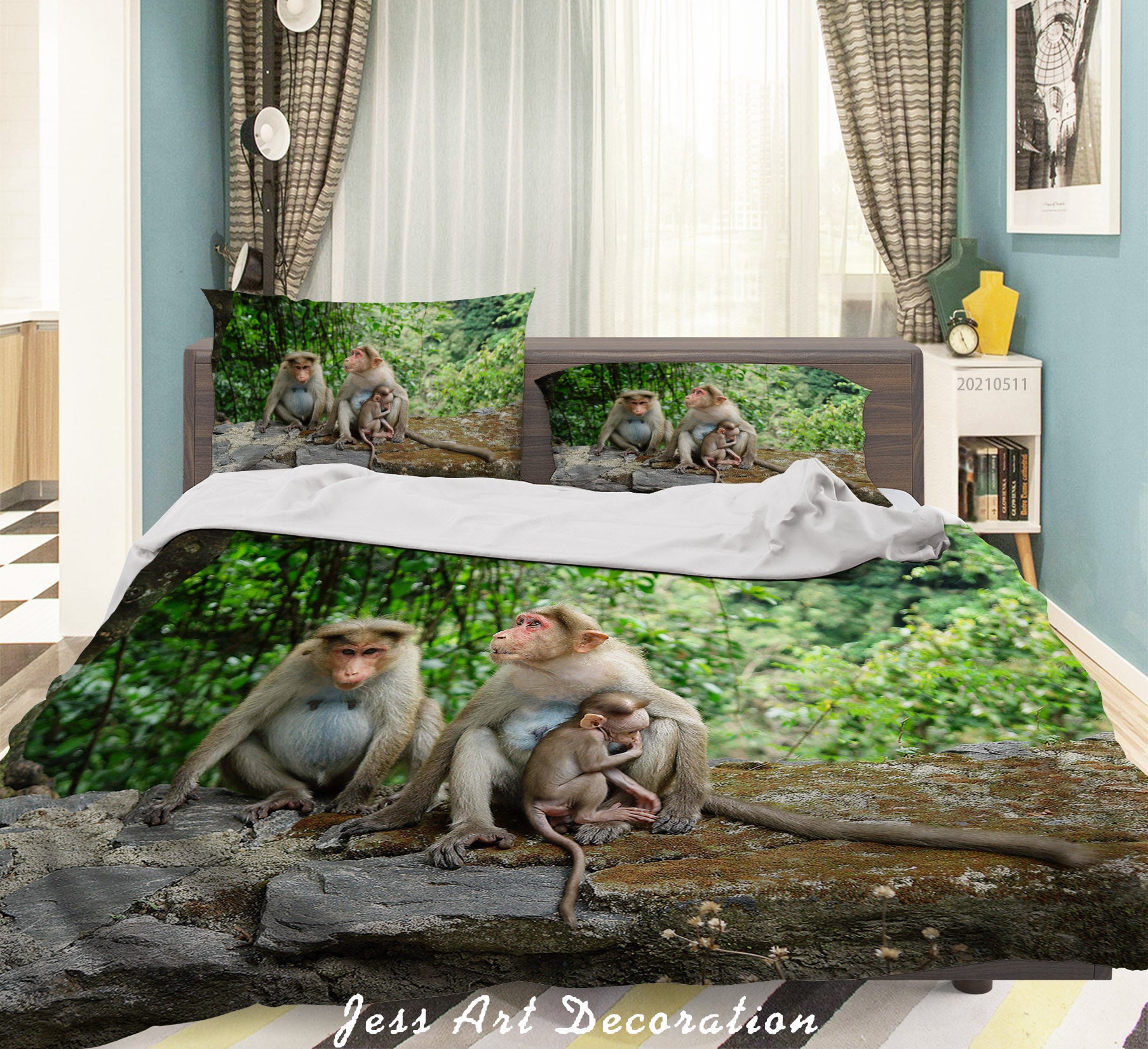 3D Green Forest Animal Monkey Family Quilt Cover Set Bedding Set Duvet Cover Pillowcases 532