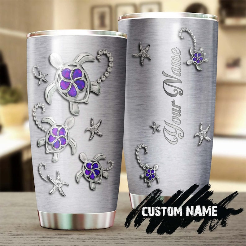 Sea Turtle Purple Flower Jewelry Style Personalized Tumbler-Unique Tumbler-Birthday Christmas Gift For Turtle Lover