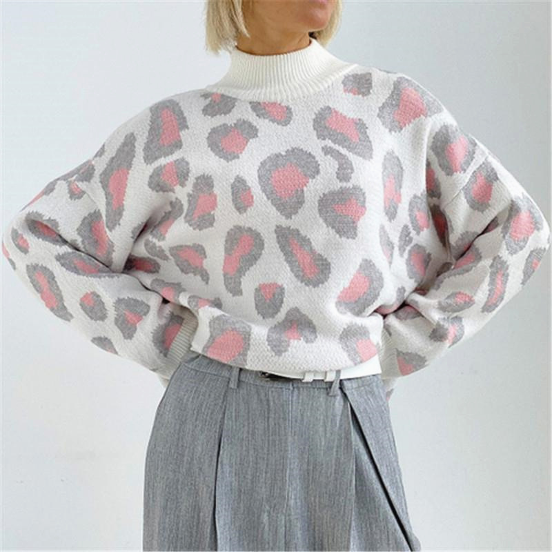 Women Winter Sweater Leopard Print Turtleneck Oversize Knitted Jumper Vintage Warm Fashion Female Jumper Pullover 2022 alx