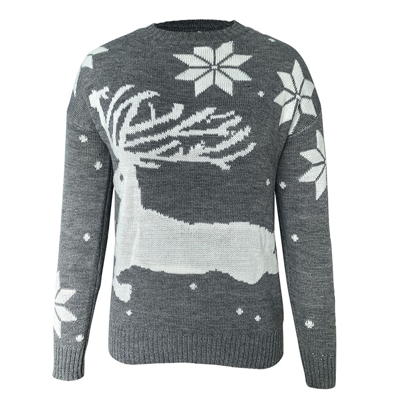 Women Christmas Sweaters Long Sleeve Round Neck Elk Snowflake Pattern Loose Knit Tops Jumpers Pullovers Xmas Female Party Winter alx