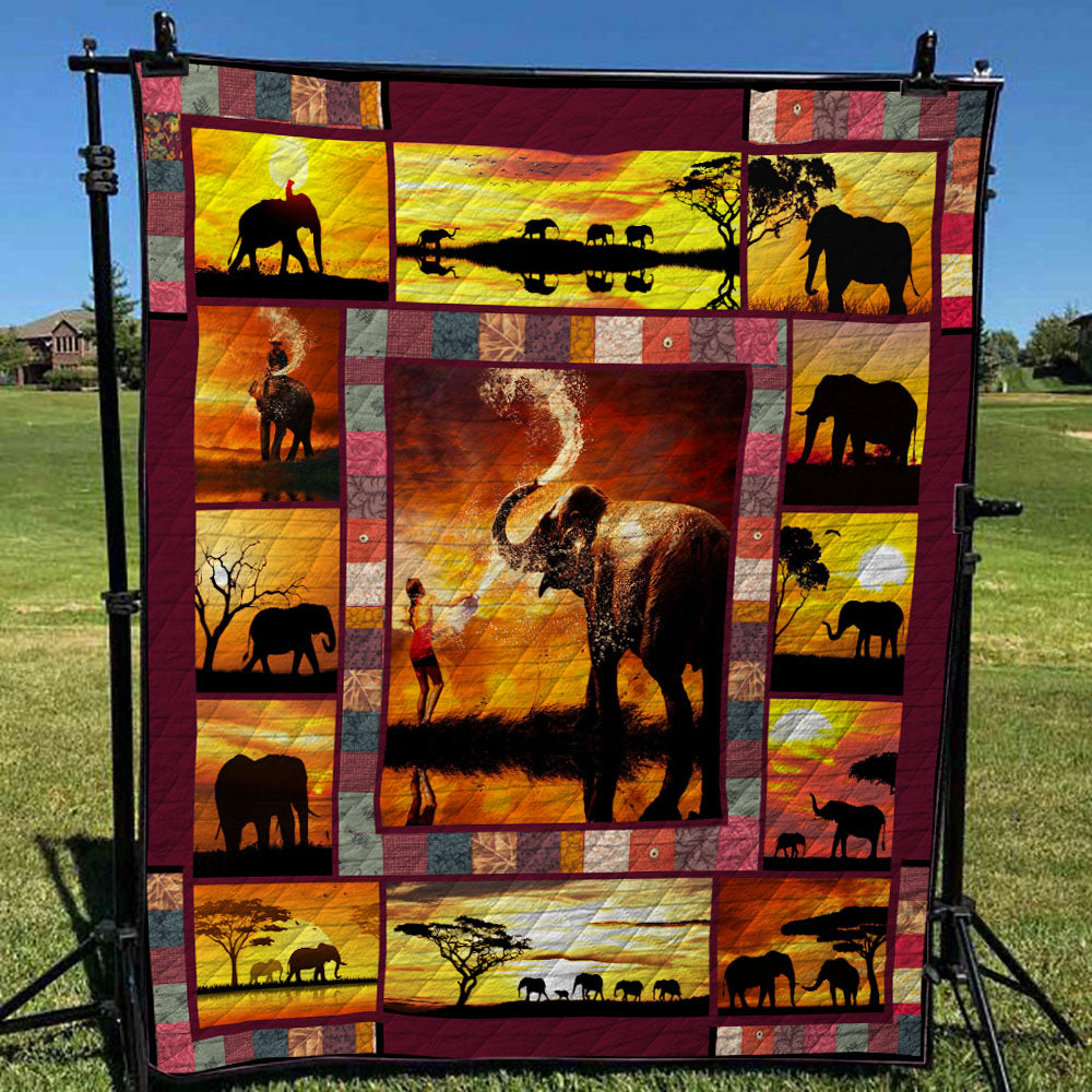 Silhouette Elephant Sunset  Elephant Animal  Quilt Blanket