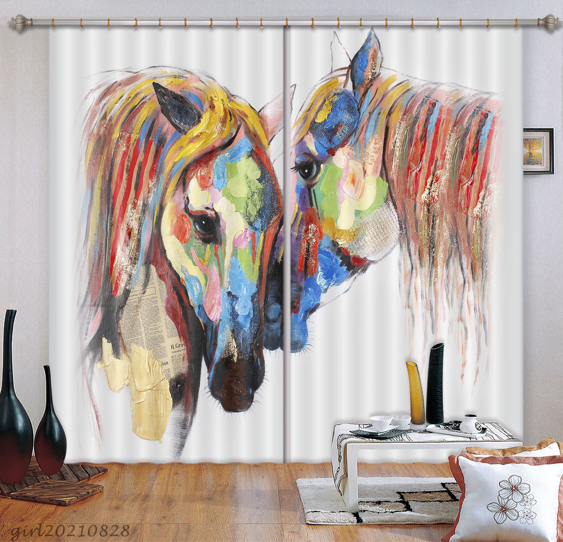 3D Hand Drawn Colored Animal Horse Curtains And Drapes Lqh 99