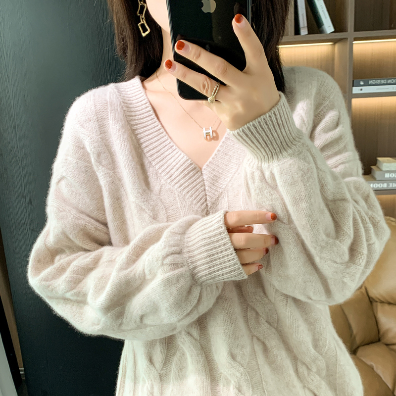 100% Pure Wool Sweater Ladies V-Neck Pullover Casual Knit Plus Size Tops 2021 Autumn / Winter Thick Female Jacket Long Sleeve alx