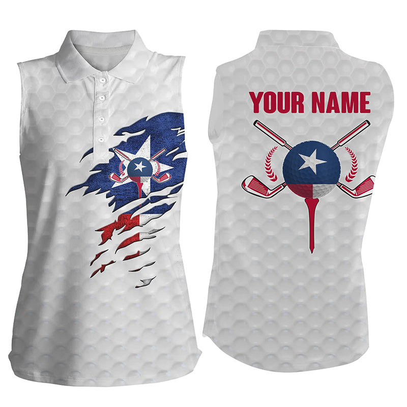 Texas Flag White Golf Ball Skin Womens Sleeveless Polo Shirt, Custom Ladies Sleeveless Golf Shirt