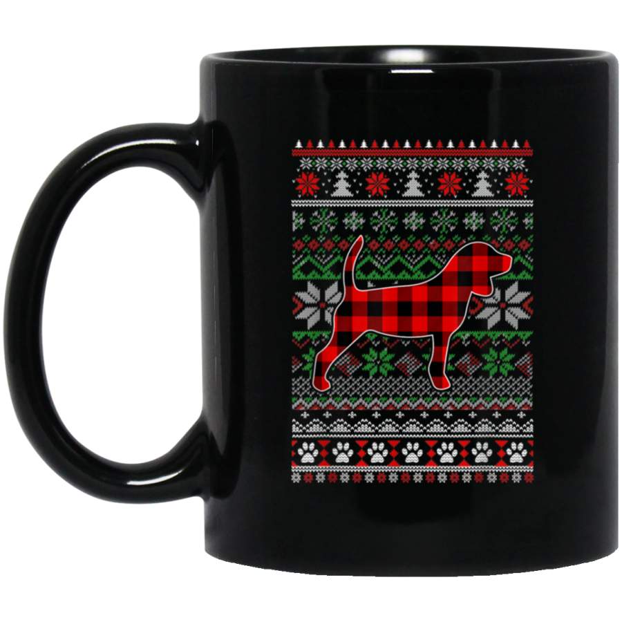 Beagle Red Plaid Ugly Christmas Sweater Gifts  11 oz 15 oz Mug Black