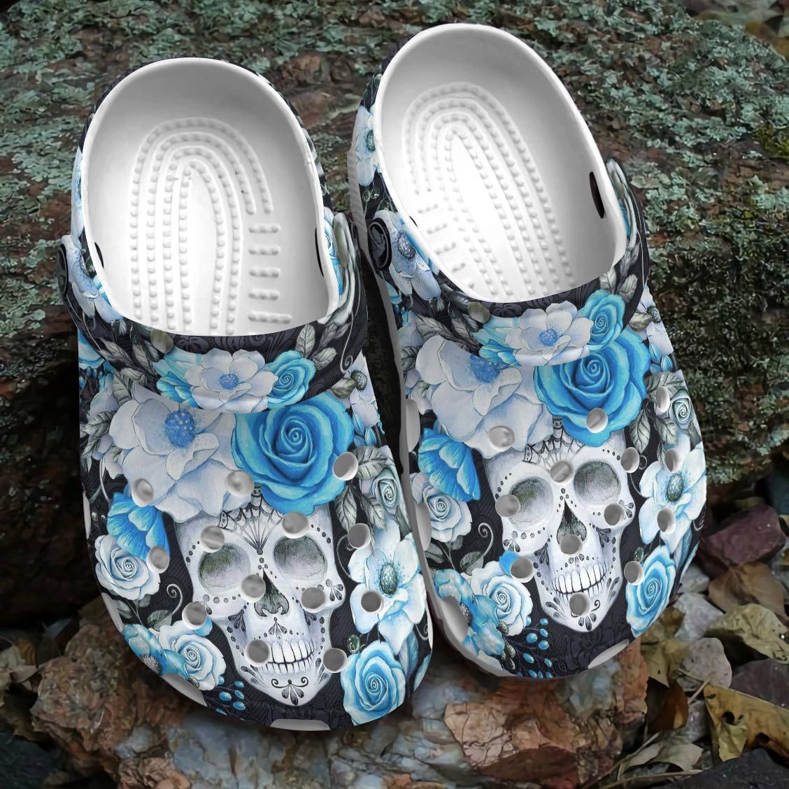 Skull Personalized Clog, Custom Name, Text, Color, Number Fashion Style For Women, Men, Kid, Print 3D Whitesole Blue Skull