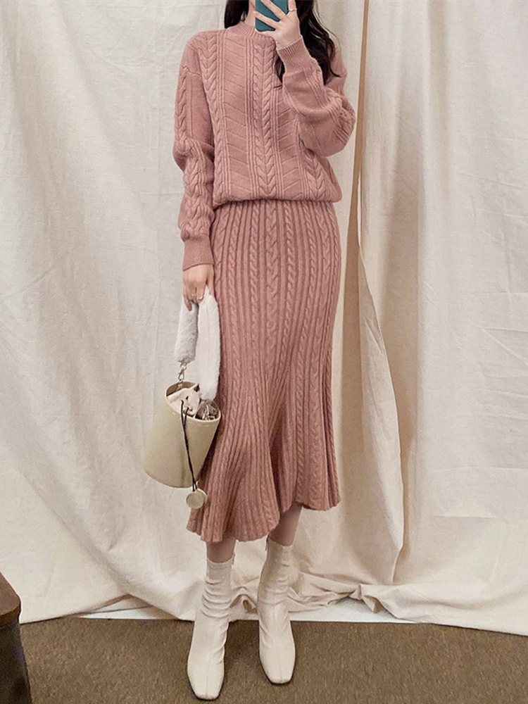 Winter 2022 Casual Warm Two Piece Set Women Twist Pullover Knitted Sweater Elastic Waist Mermaid Midi Skirt Sets Female Suit alx