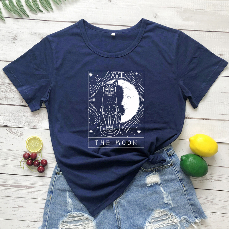 The Moon Tarot Card T-shirt Aesthetic Crescent Moon And Cat Graphic Tee Top Women Retro Witch Gothic Tshirt alx