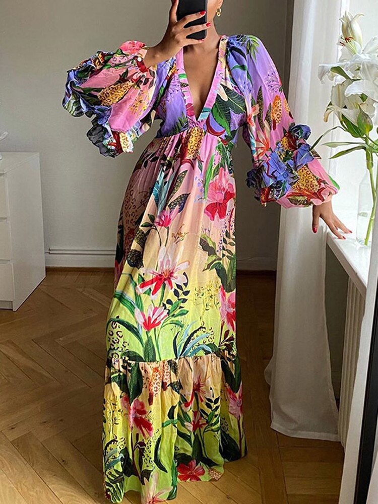 2022 Summer New Printed Gradient Party Dress Fashion Ruffle V-neck Ladies Long Dress Autumn Ladies Sexy Slim Long Beach Dress alx