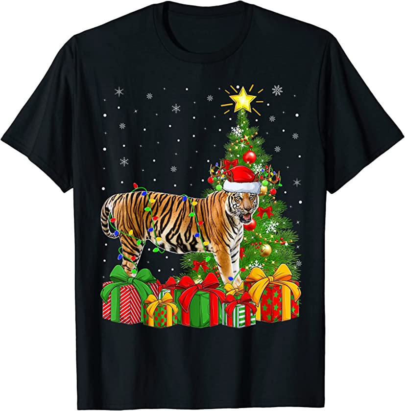 Xmas Holiday Santa Bengal Tiger Christmas Tree T-Shirt