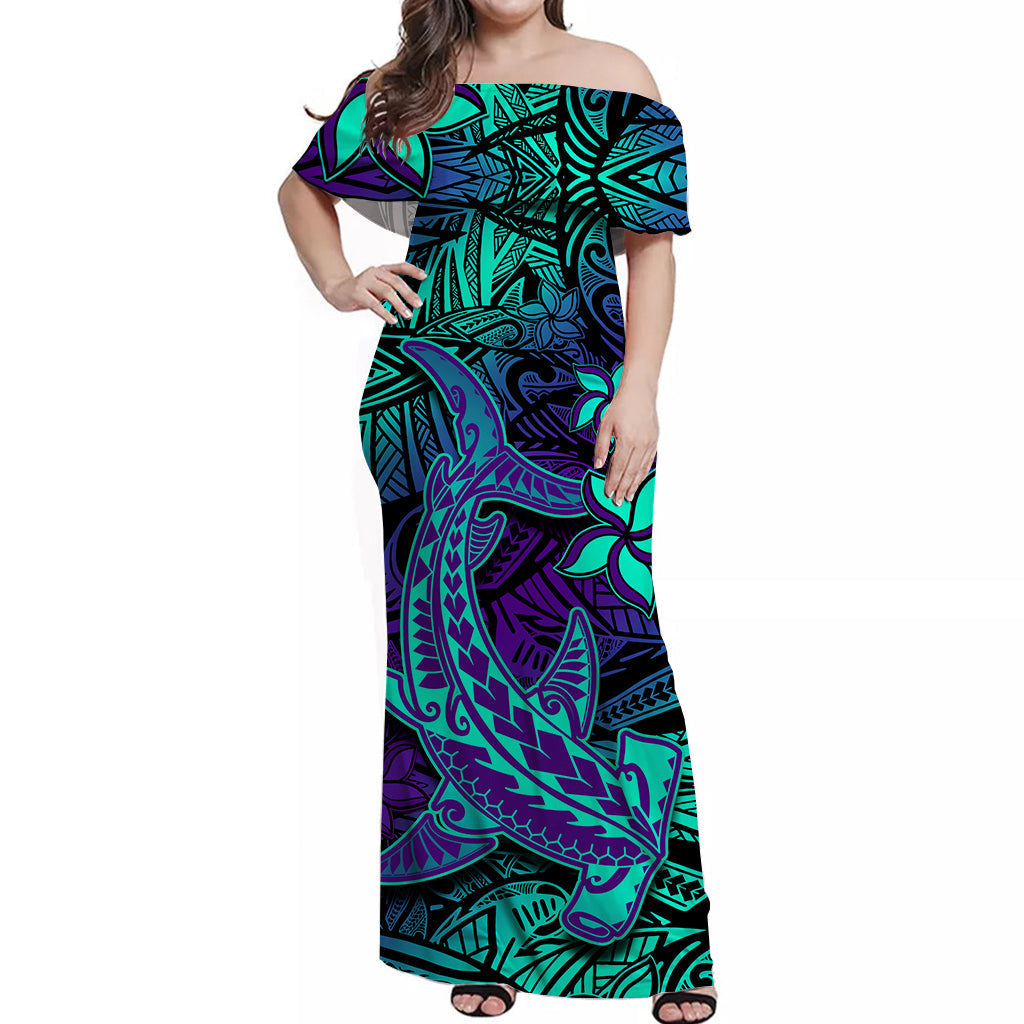 Custom Personalised Polynesian Off Shoulder Long Dress Purple Paradise Hawaiian Tribal Hammerhead Shark Lt14