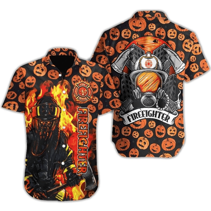 High Quality Hawaii Aloha Shirts Firefighter Pumpkin Halloween Ha27525