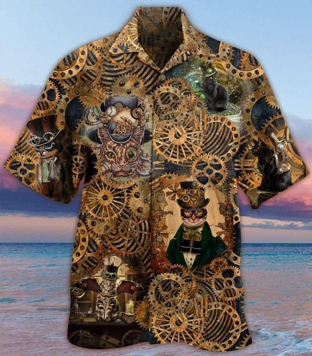 Steampunk Cat Print Short Sleeve Hawaii Casual Shirt Ha31609