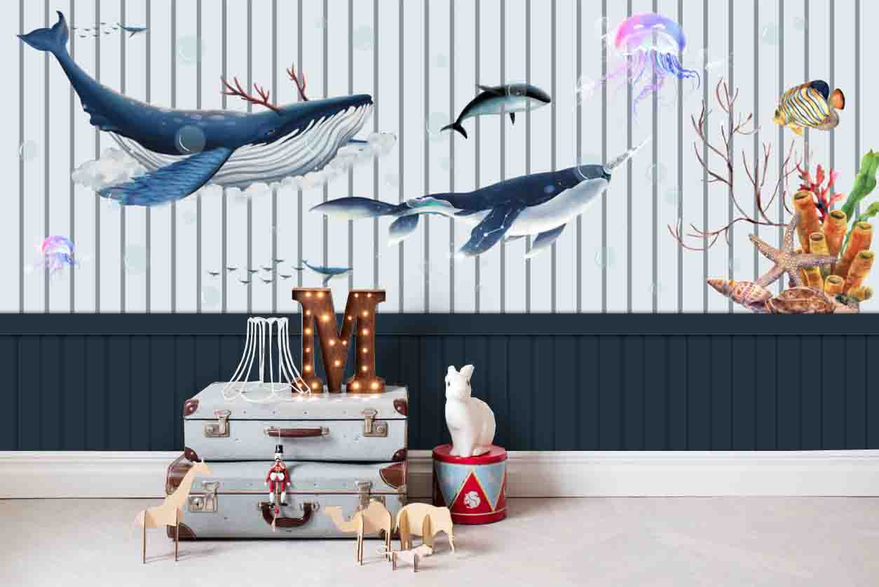 3D Kids, Cartoon, Whale, Coral Wallpaper-Nursery