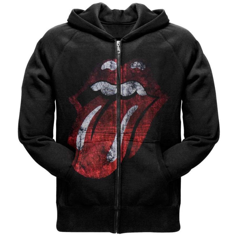 Rolling Stones – Distressed Tongue Zip Black Hoodie T-Shirt