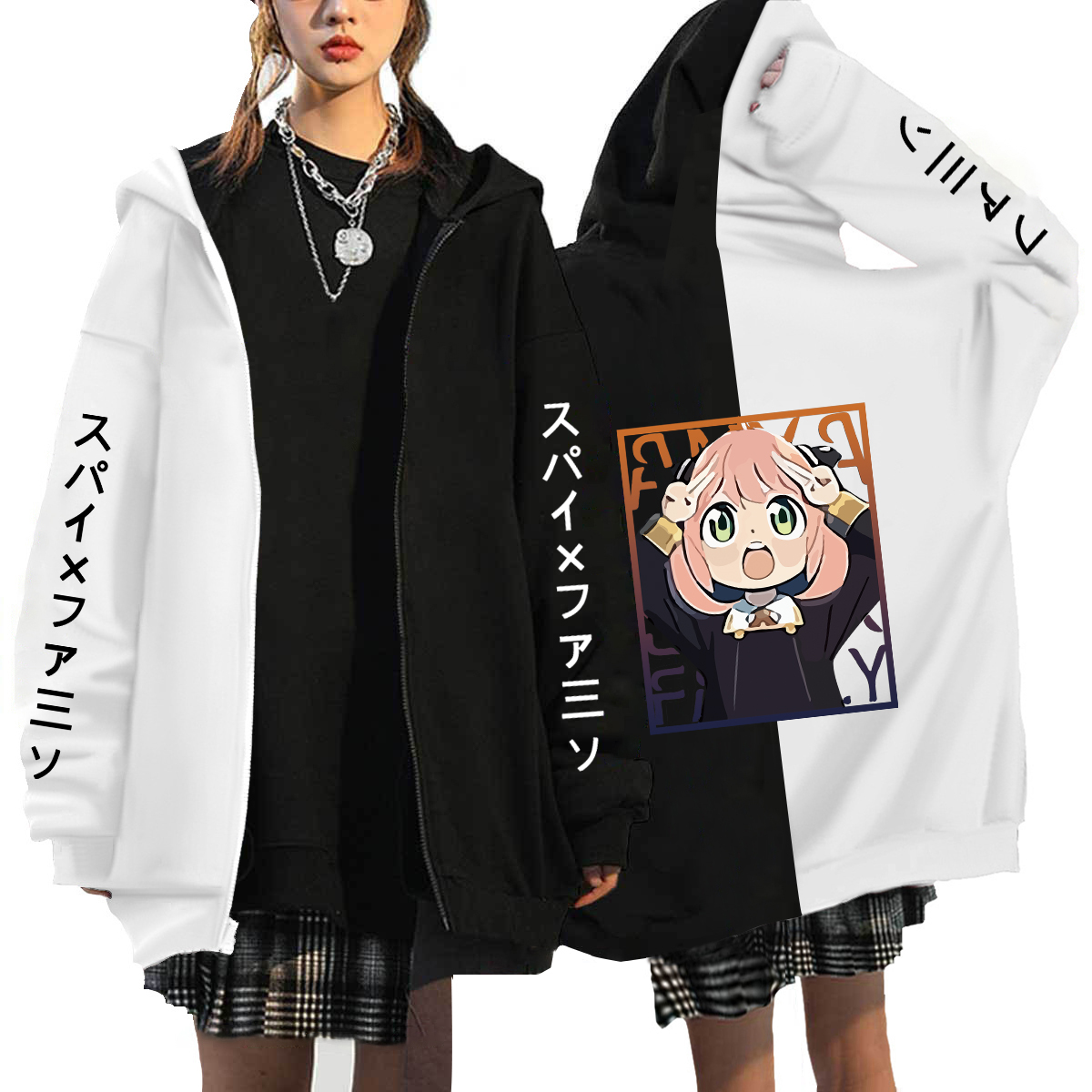 Zip Up Hoodie Women Anime SPYxFAMILY Kawaii Anya Foger Cartoon Black White Splicing Sweatshirts Harajuku Oversize Streetwear alx