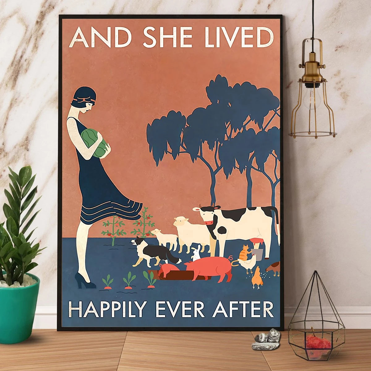 Vintage Girl & Animals And She Lived Happily Ever After Paper Canvas Poster Wall Art Decor