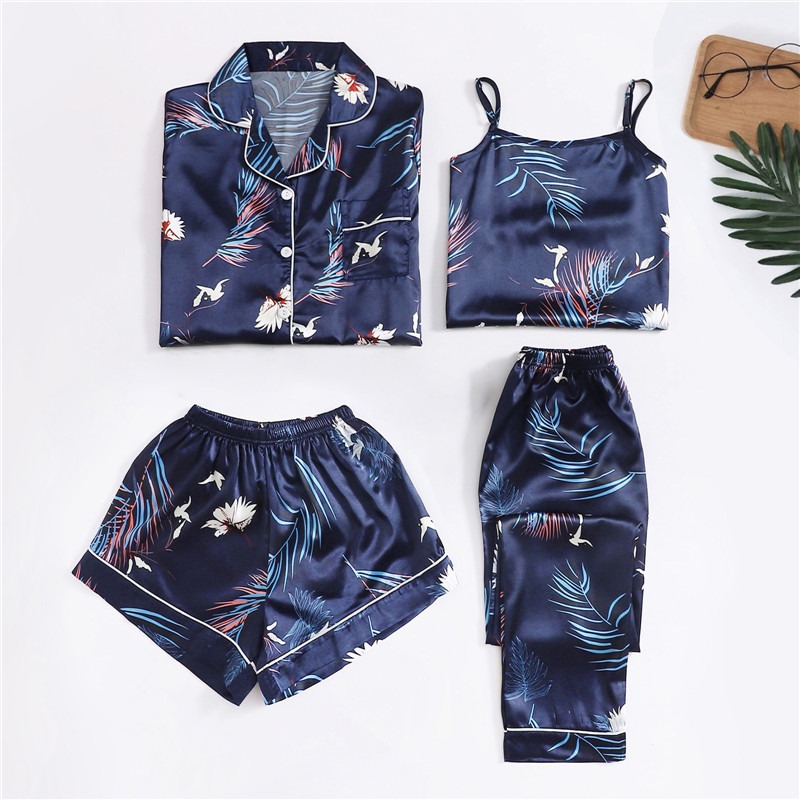 4PCS Women Pijama Sets Floral Printing Women’s Sleepwear Silk long sleeved pyjamas long trousers pyjamas suit Women’s Homewear alx