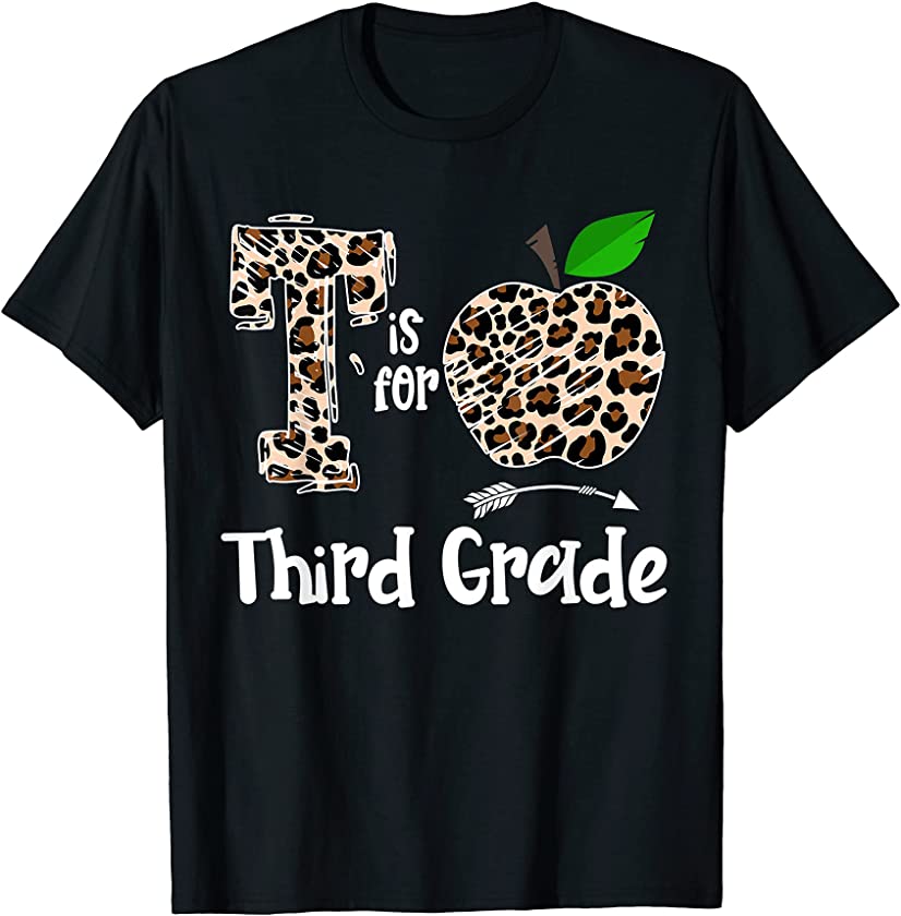 T Is For Third Grade Teacher Leopard Apple Funny T-Shirt