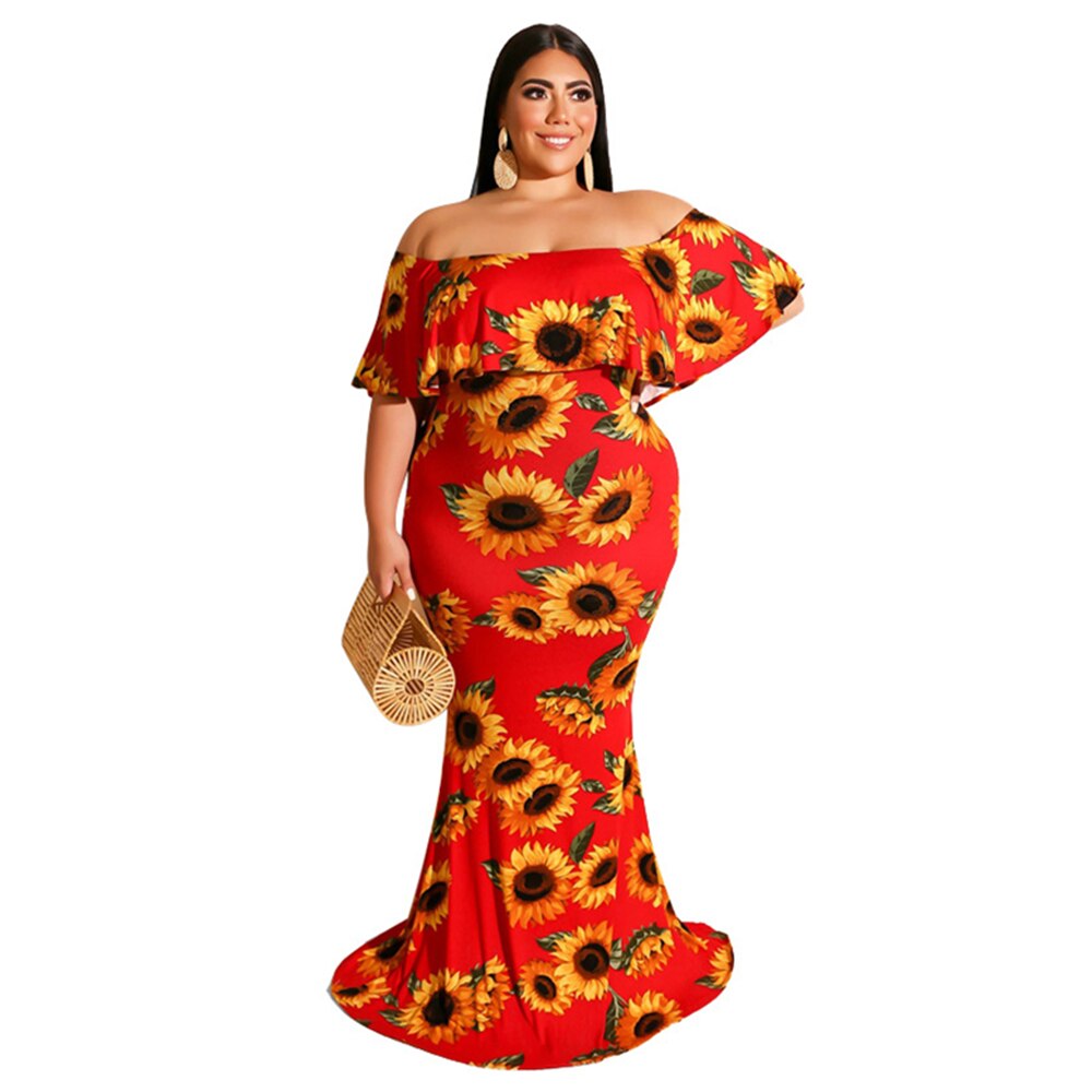 Women Boho Maxi Plus Size Dress Summer Floral Print Slash Neck Robe Party Dresses Wholesale Dropshipping alx