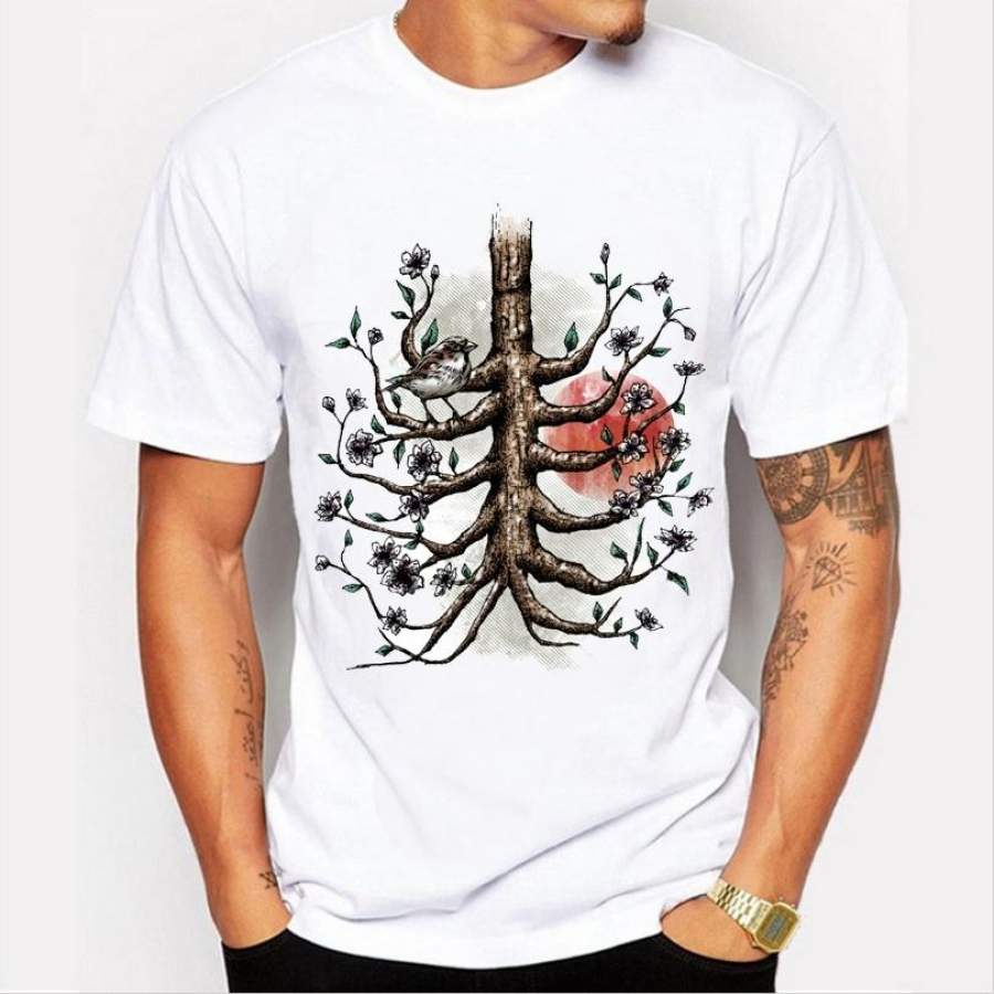 Men’S Retro Tree And Bird Design T Shirt Boy Cool Tops Hipster Printed Summer T-Shirt
