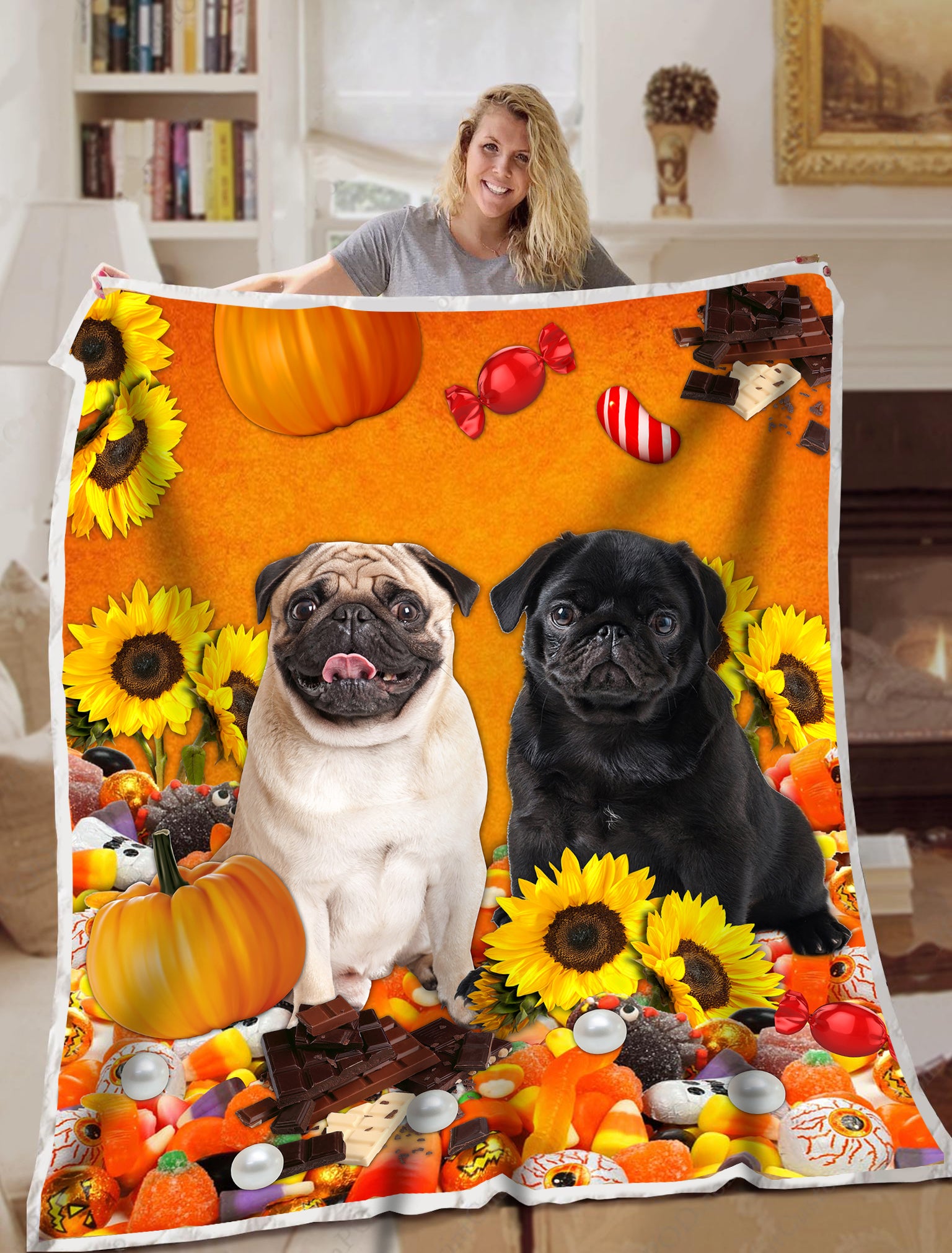 Pug Candy Halloween Blanket Sofa Bed Throws Lightweight Cozy Bed Blanket Soft Suitable For All Season