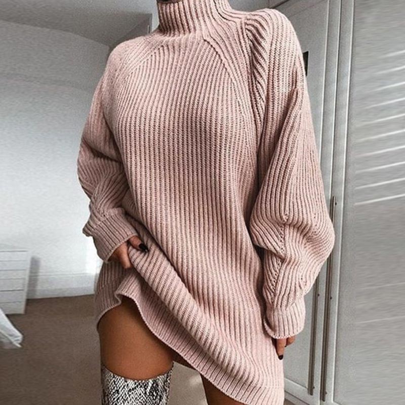 Oversized Turtleneck Long Sleeve Sweater Dress Women Autumn Winter Loose Tunic Knitted Casual Pink Gray Clothes Vintage Dresses alx