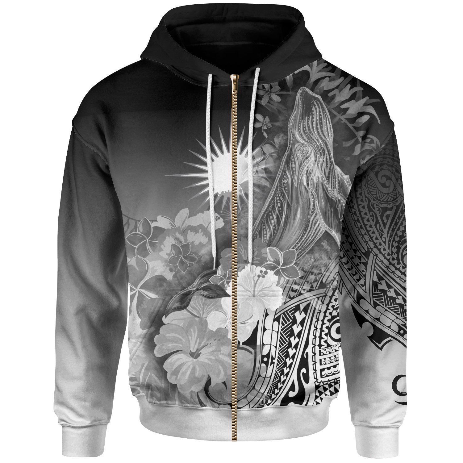 Marshall Islands Zip-Up Hoodie – Humpback Whale with Tropical Flowers (White)- BN18