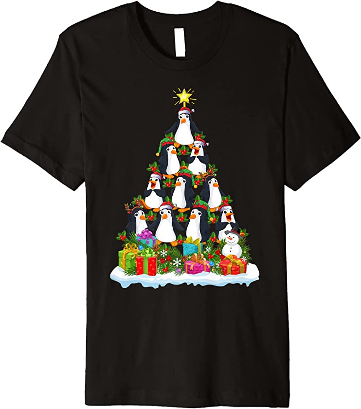 Penguin Bird Lover Xmas Holiday Funny Penguin Christmas Tree Premium T-Shirt