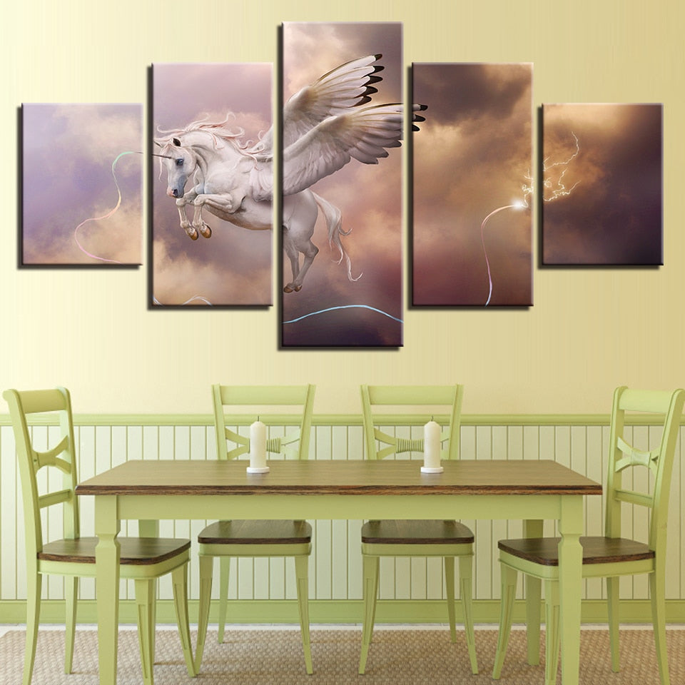 Unicorn Wings Flying And Thunder Canvas Wall Art Animal 5 Pieces Hd Print Decoration Poster