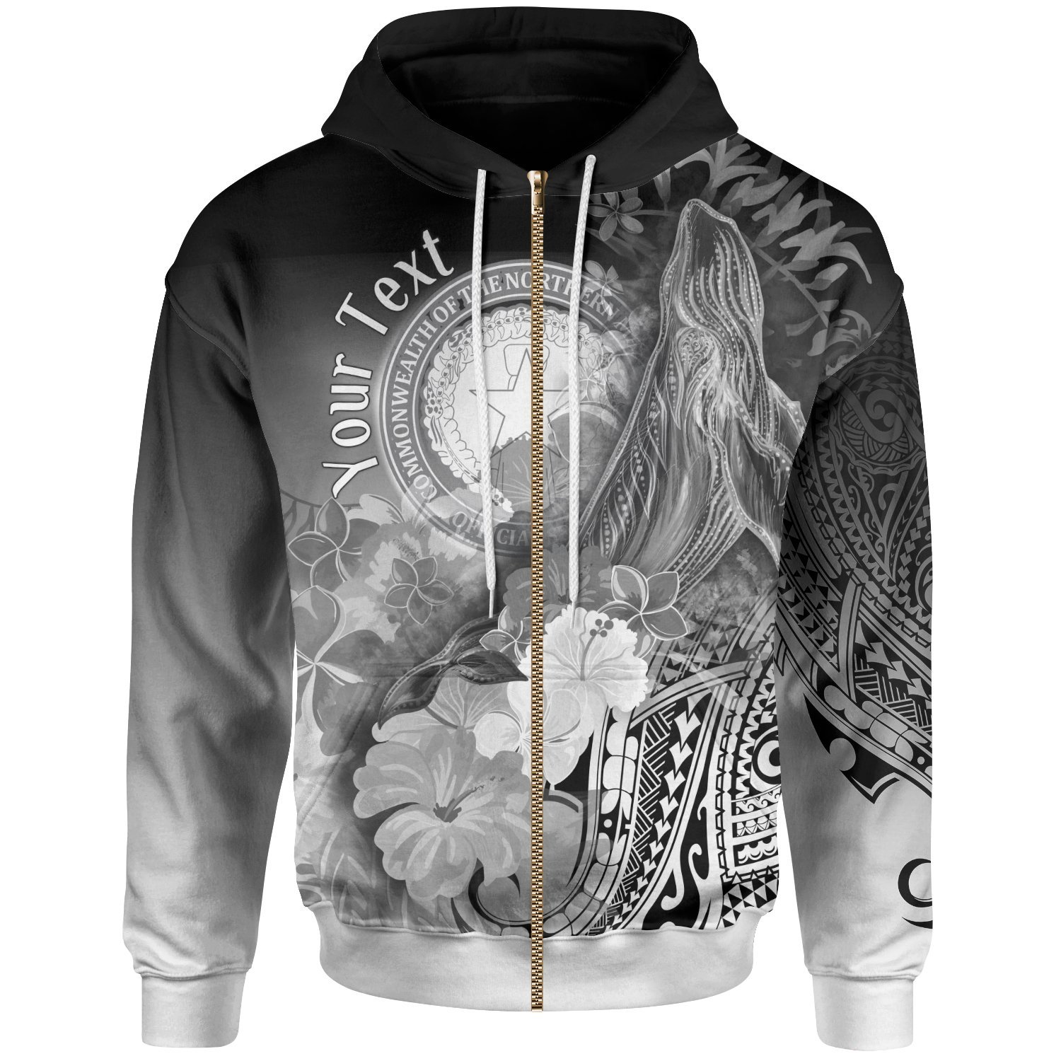 CNMI Personalised  Zip-up Hoodie – Humpback Whale with Tropical Flowers (White) – Pacific Print Hoodie