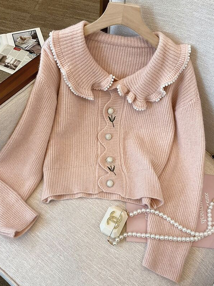 Circyy Green Cropped Cardigan Women Sweater Peter Pan Collar Fashion Long Sleeve Knitted Clothes Sweet Casual 2022 Cute Girls alx