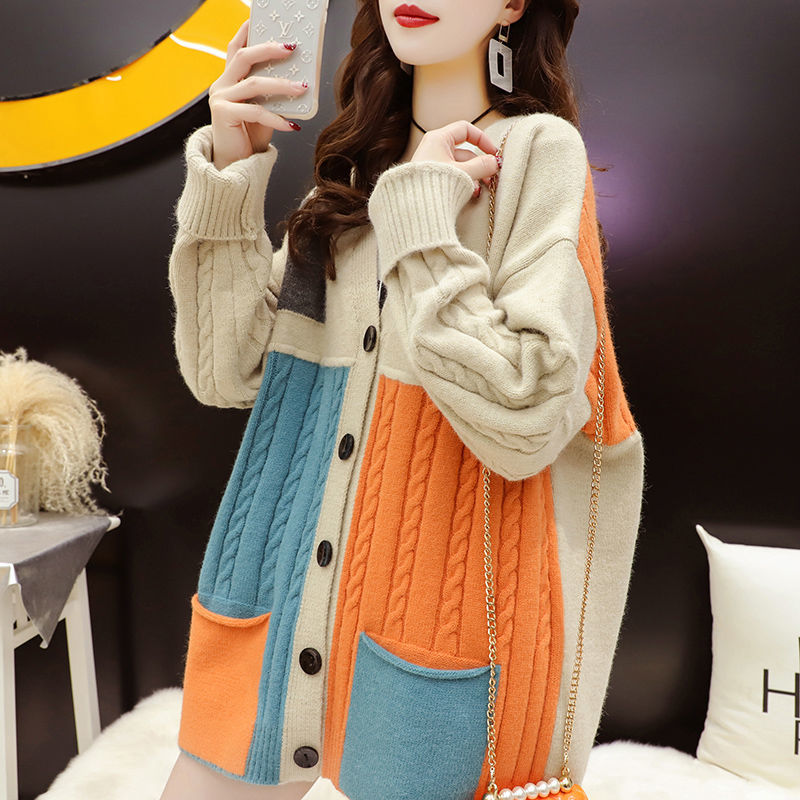 2022 New Color-blocking Sweater Cardigan Women’s Autumn and Winter All-match Loose V-neck Long-sleeved Knitted Jacket Female alx