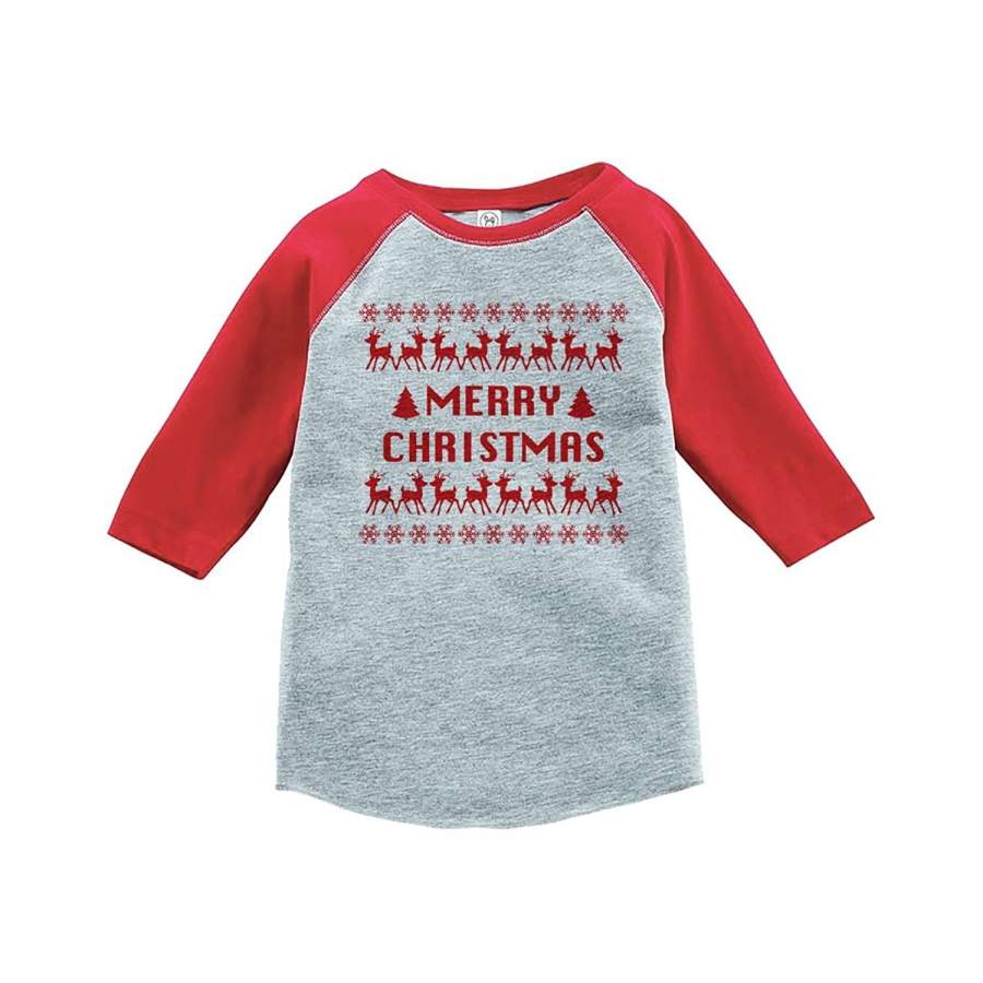 7 ate 9 Apparel Youth Ugly Sweater Merry Christmas Raglan Shirt Red