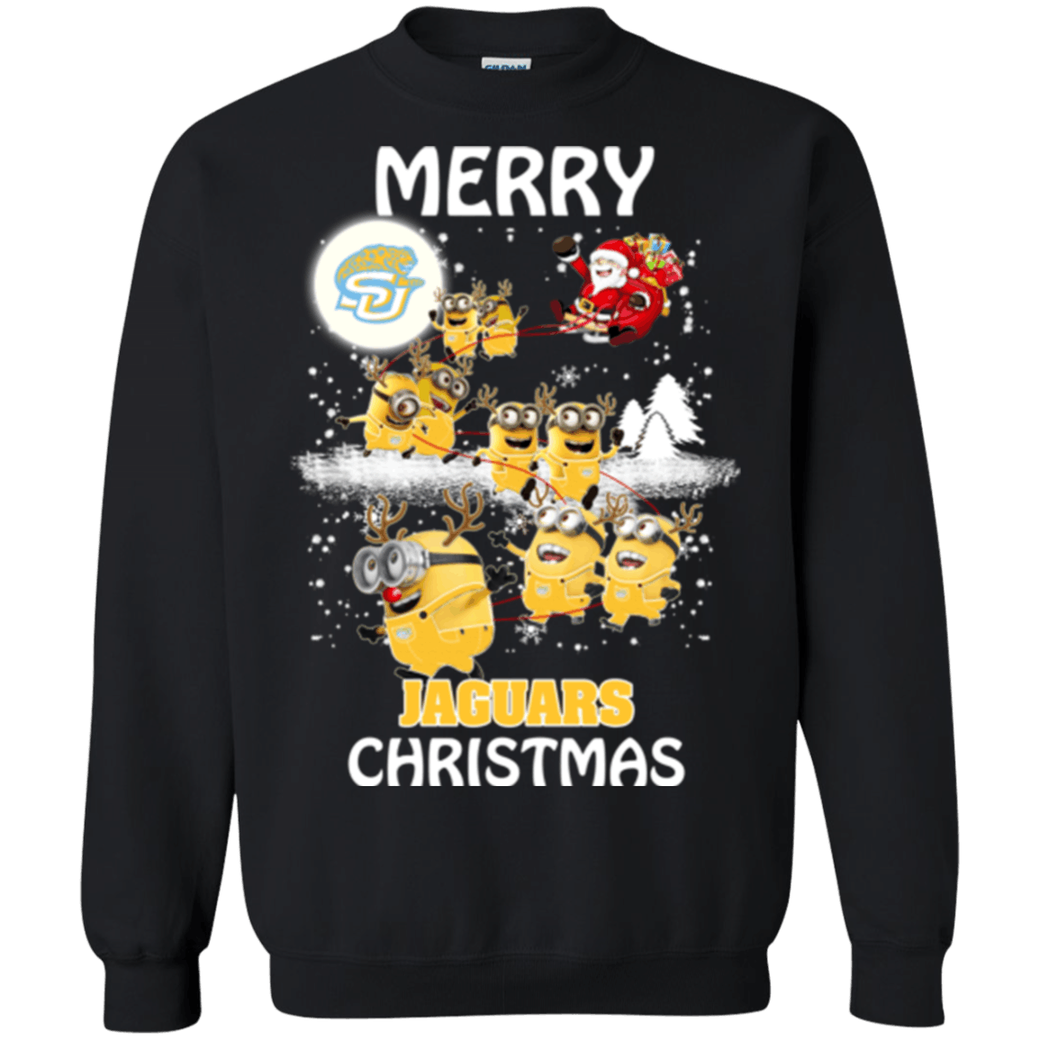 Remarkable Southern University Jaguars Minion Ugly Christmas Sweaters Santa Claus With Sleigh Sweatshirts