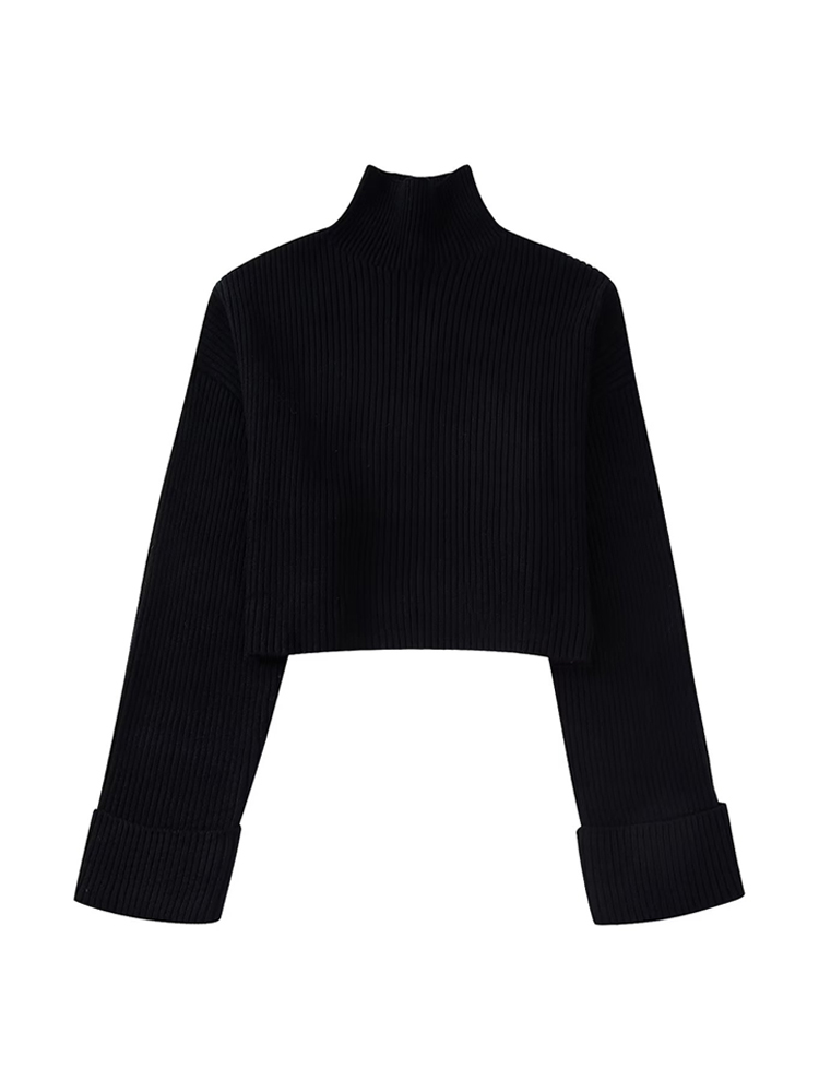 TRAF Women Fashion Ribbed Knit Cropped Sweater Vintage High Neck Long Sleeve Female Pullovers Chic Tops alx