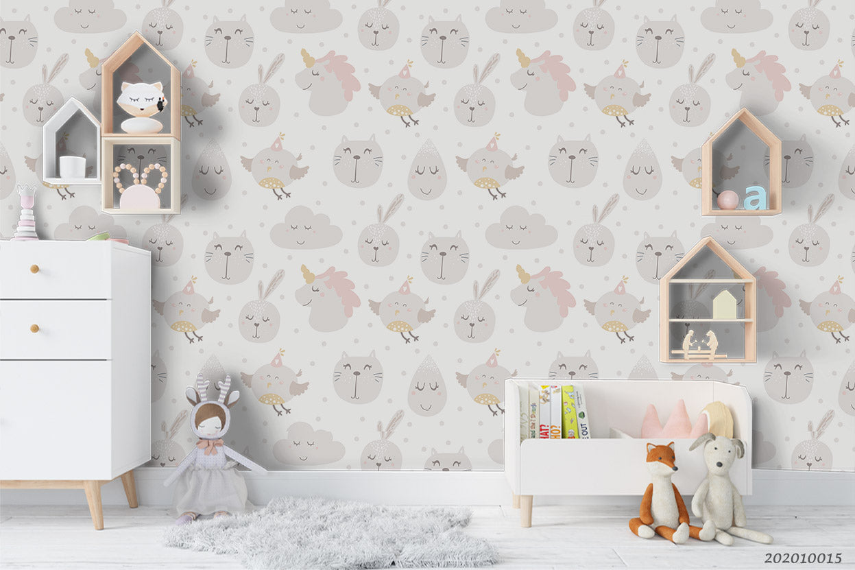 3D Cartoon Cat Bird Unicorn Pattern Wall Mural Wallpaper Wj 5075