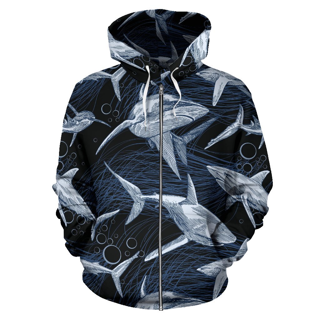 Shark Print Pattern Zip Up Hoodie