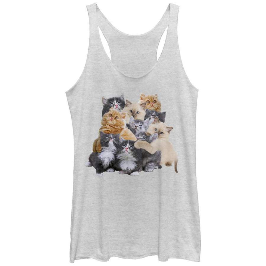 Lost Gods Women’s Cute Kitten Group Hug  Racerback Tank White Heather