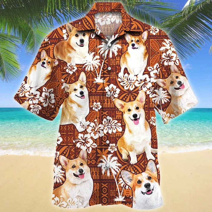 Cute Design Welsh Corgi Dog Lovers Red Tribal Pattern Hawaii Shirt Ha98500